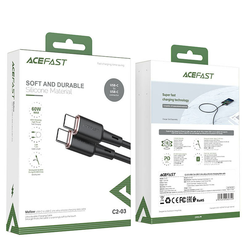 Купити Дата кабель Acefast C2-03 USB-C to USB-C zinc alloy silicone (1m) (Black) на vchehle.ua