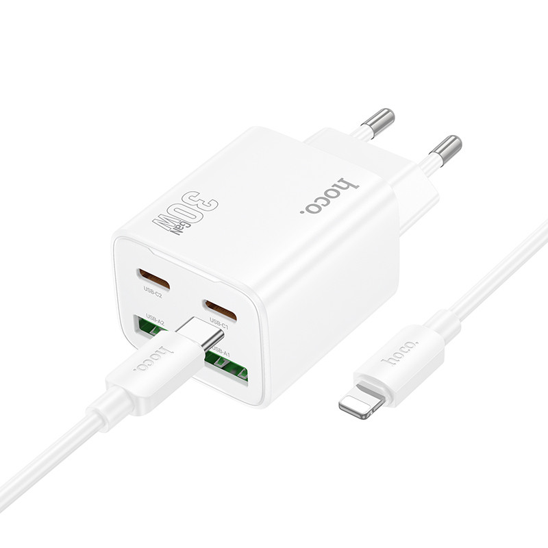 Фото СЗУ Hoco N56 Fundador PD30W four-port (2USB-A/2C) + кабель Type-C to Lightning (White) на vchehle.ua