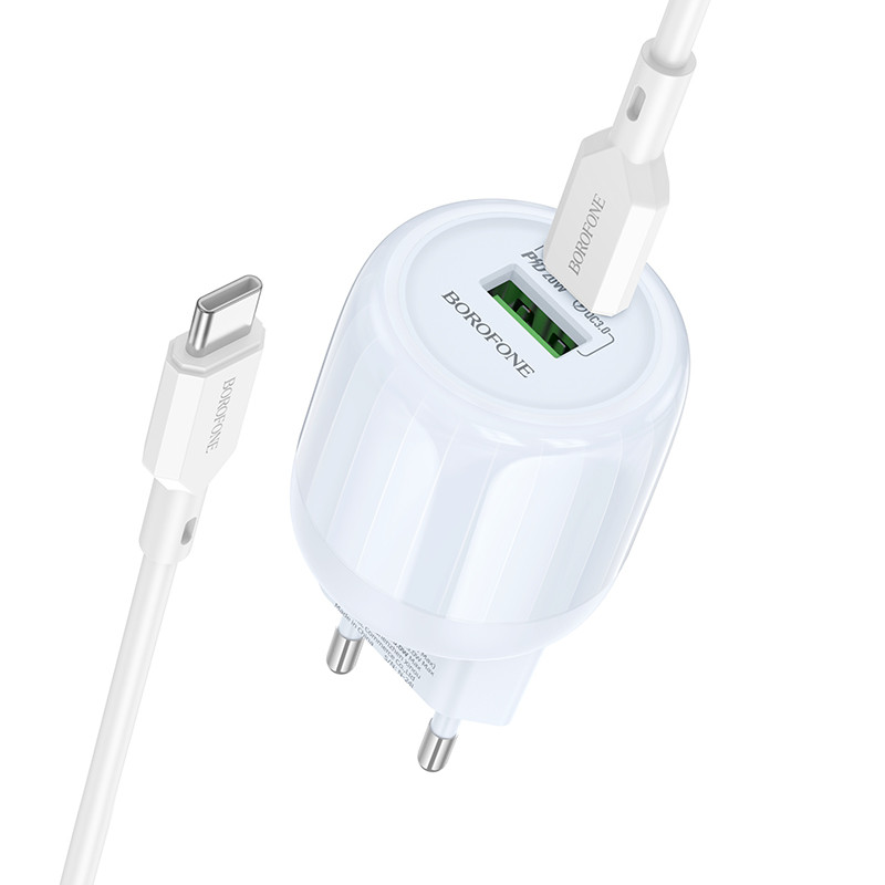 МЗП Borofone BA93A Lustrous PD20W+QC3.0 (1USB-A/1C) + кабель Type-C to Type-C (Blue)