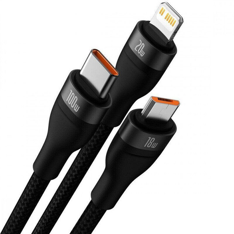 Фото Дата кабель Baseus Flash Series 2 USB to MicroUSB-Lightning-Type-C 66W (1.2m) (CASS04000) (Black) на vchehle.ua