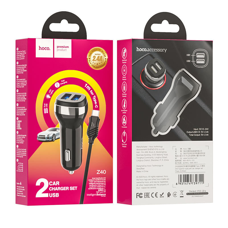 Купити АЗП Hoco Z40 Superior 2.4A (2USB-A) + кабель USB to Type-C (Чорний) на vchehle.ua