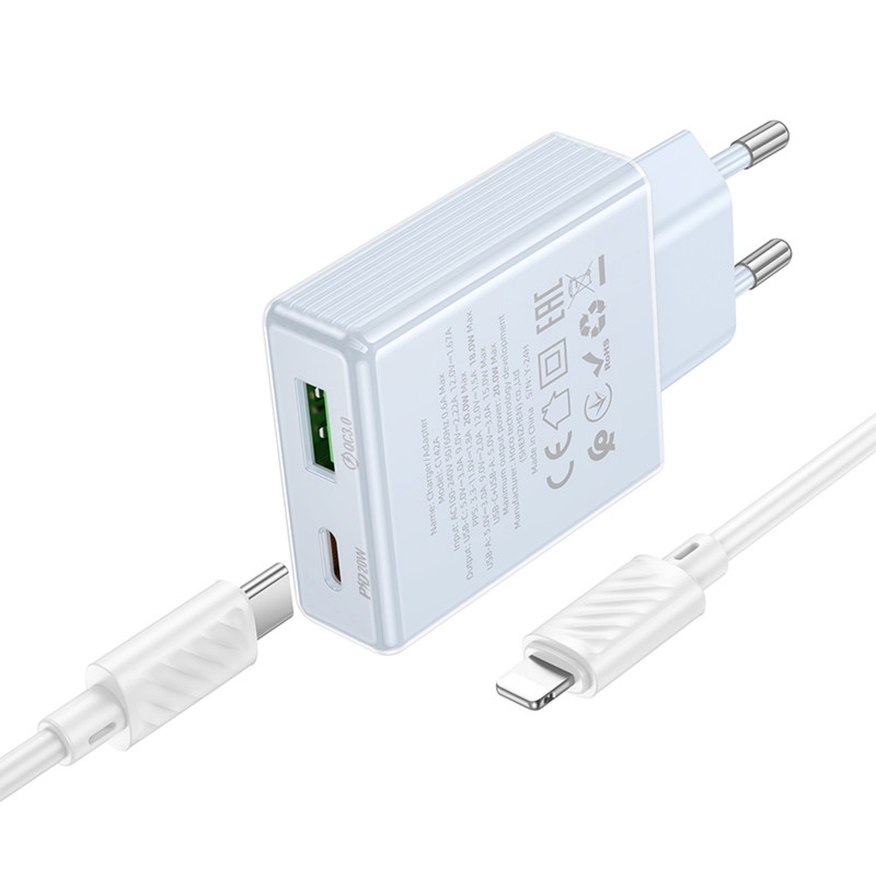 Фото СЗУ Hoco C142A Direct PD20W+QC3.0 (1USB-A/1C) + кабель Type-C to Lightning (Blue) в магазине vchehle.ua