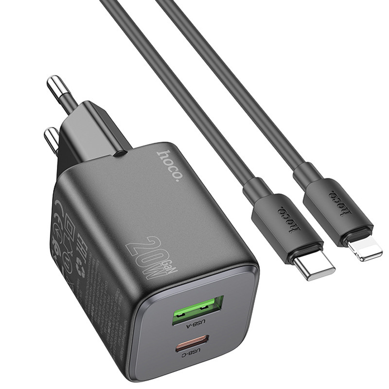 СЗУ Hoco N41 Almighty PD20W+QC3.0 (1USB-A/1C) + кабель Type-C to Lightning (Black) в магазине vchehle.ua