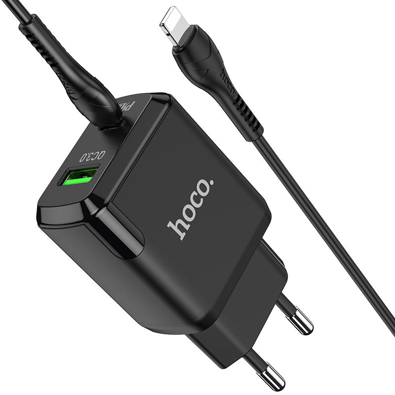 Фото Уцінка СЗУ Hoco N5 Favor 20W PD+QC3.0 (1USB-A/1C) + кабель Type-C to Lightning (Дефект упаковки / Чорний) в маназині vchehle.ua