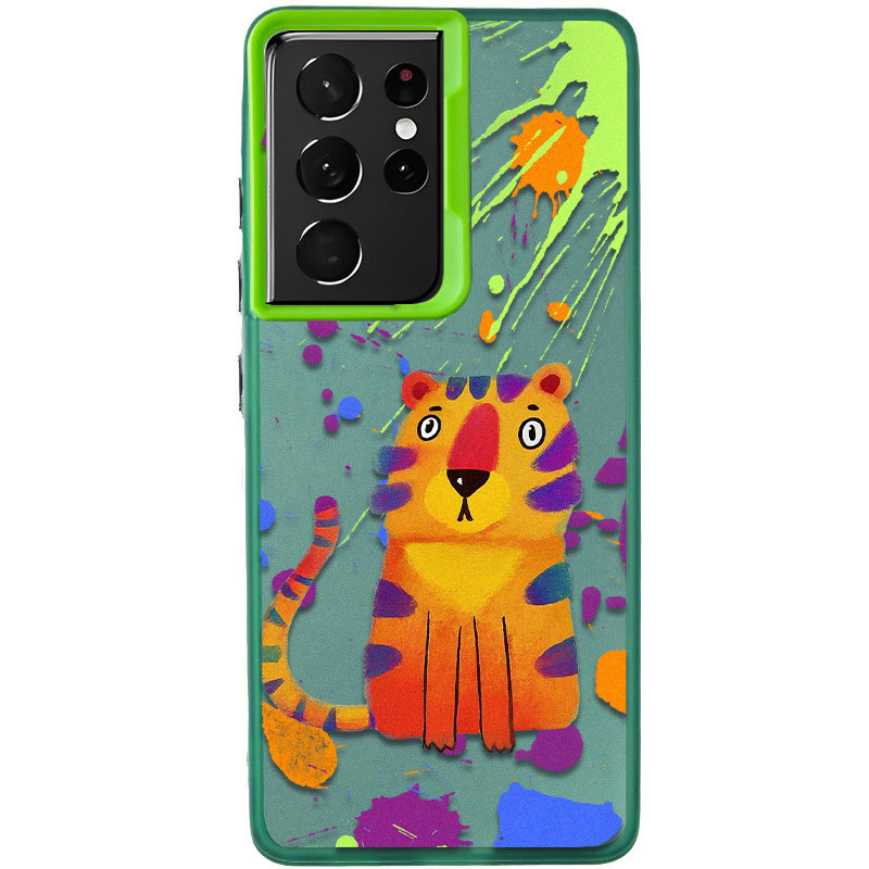 TPU+PC чехол TakiTaki Graffiti magic glow для Samsung Galaxy S21 Ultra (Shocked tiger / Green)