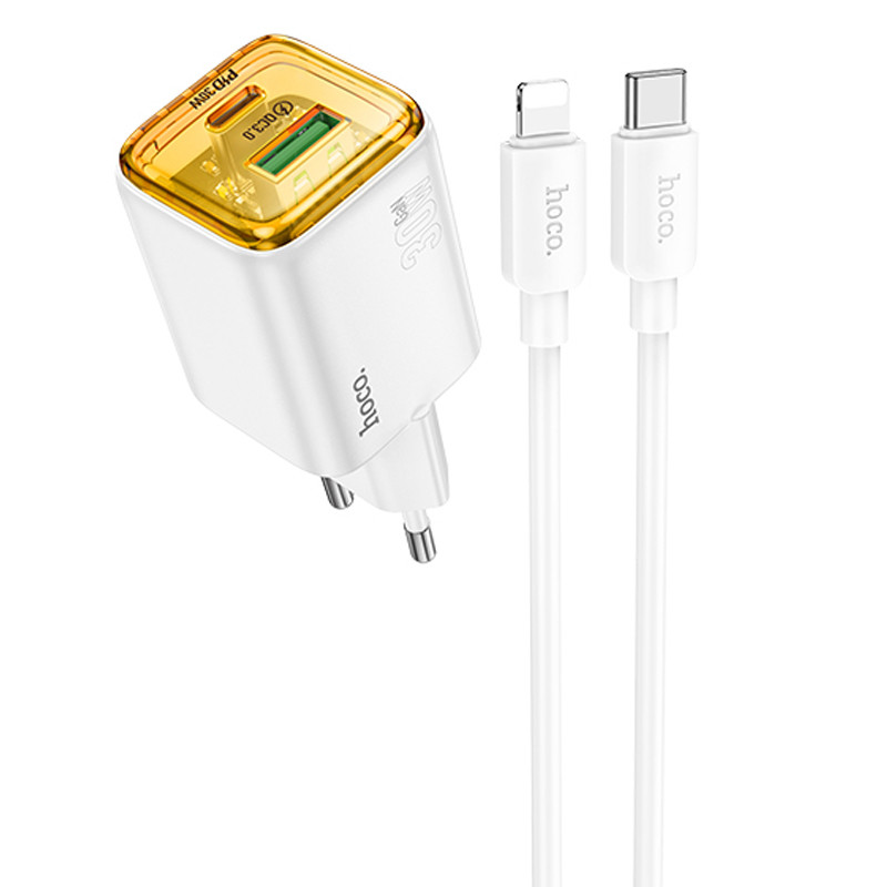 СЗУ Hoco N53 Monsoon PD30W+QC3.0 (1USB-A/1C) + кабель Type-C to Lightning (White)