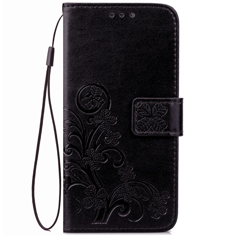 Кожаный чехол (книжка) Four-leaf Clover с визитницей для Meizu M5s (Черный)