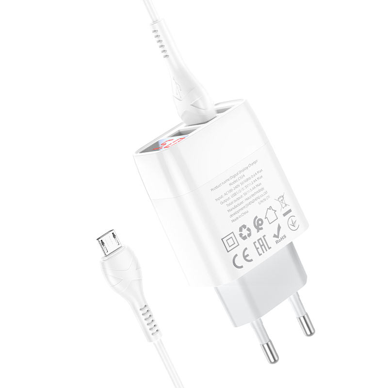Фото СЗУ Hoco C93A Easy charge 3-port digital display charger + MicroUSB (White) на vchehle.ua