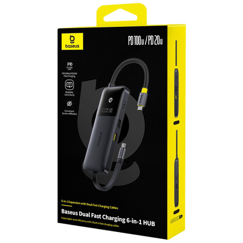 Купити Перехідник HUB Baseus OS Dual Fast Charging 6in1 (Type-C to HDMI4K@60Hz+2xUSB-A+3xUSB-C) (B0007090) (Cosmic Black) на vchehle.ua