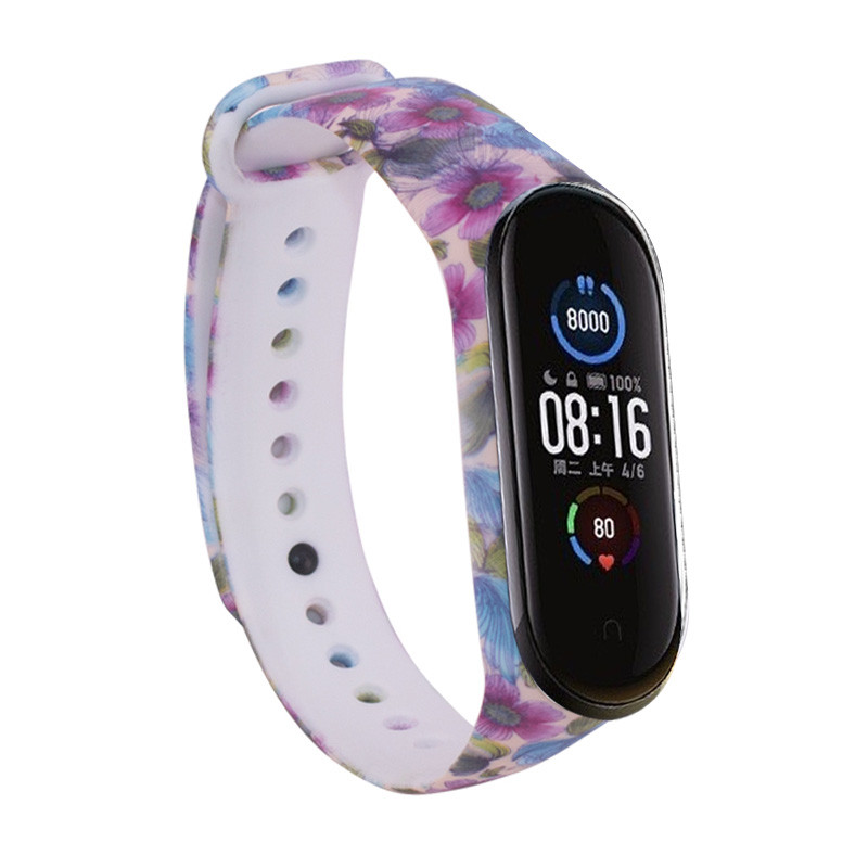 

Силіконовий ремінець з малюнком для Xiaomi Mi Band 5 / 6 (Фиолетовые квіти / Бежевий) 926010