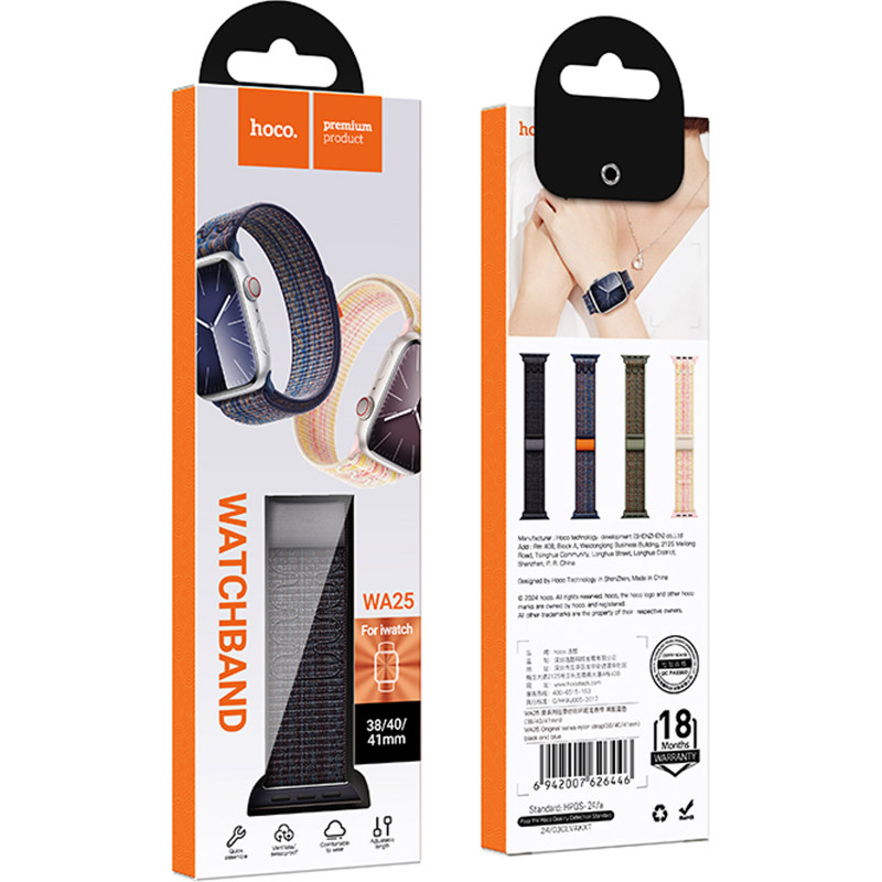 Фото Ремінець Hoco WA25 Original series nylon strap для Apple watch 42(ser.1-3)/44/45/49mm (Black and Blue) на vchehle.ua