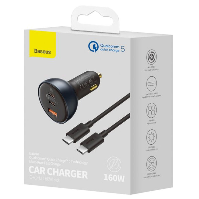 Фото АЗУ Baseus Qualcomm PD100W+QC5.0 total 160W (1USB-A/2C) + кабель Type-C to Type-C (TZCCZM) (Серый) в магазине vchehle.ua