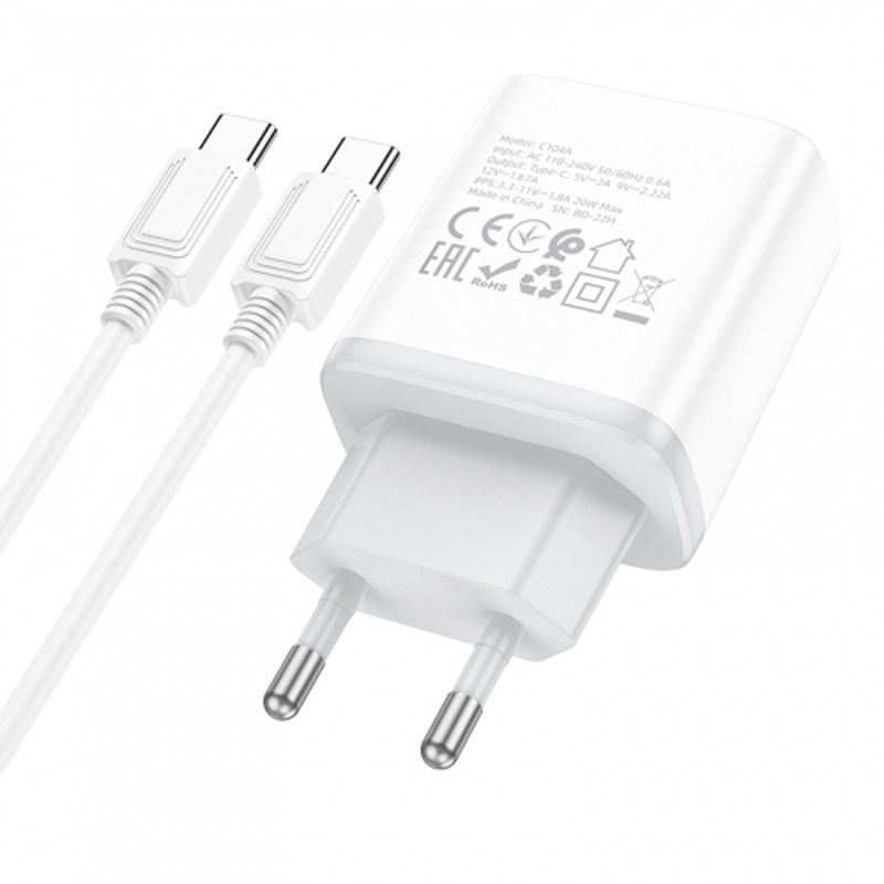 Фото СЗУ Hoco C104A PD20W (1USB-C) + кабель Type-C to Type-C (White) в магазине vchehle.ua