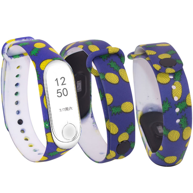 Фото Силиконовый ремешок с рисунком для Xiaomi Mi Band 3/4 (Ананасы / Синий) на vchehle.ua