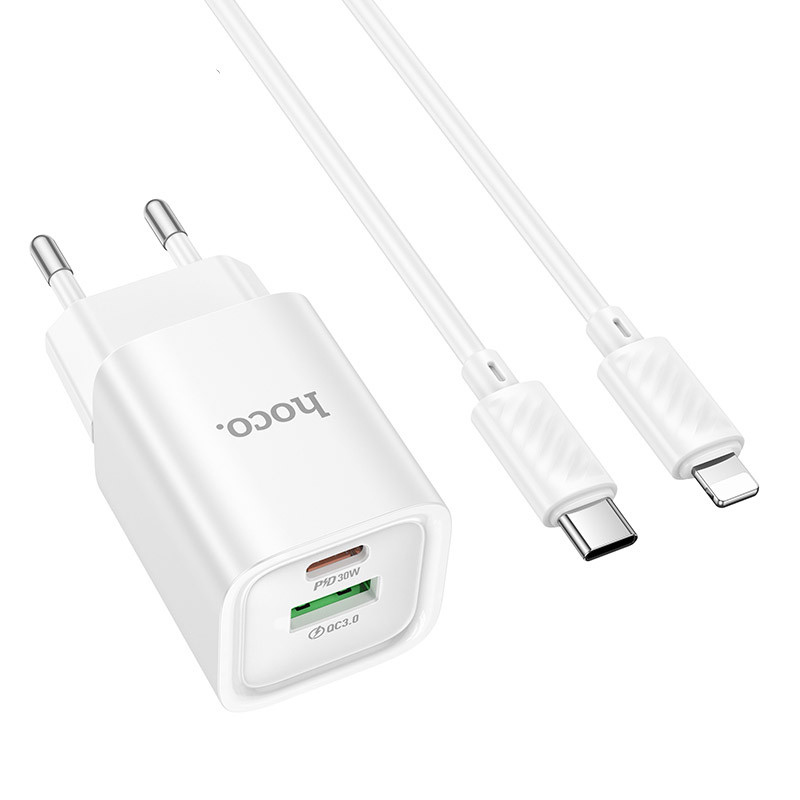 Фото МЗП Hoco C149A Charm PD30W+QC3.0 (1USB-A/1C) + кабель Type-C to Lightning (White) на vchehle.ua