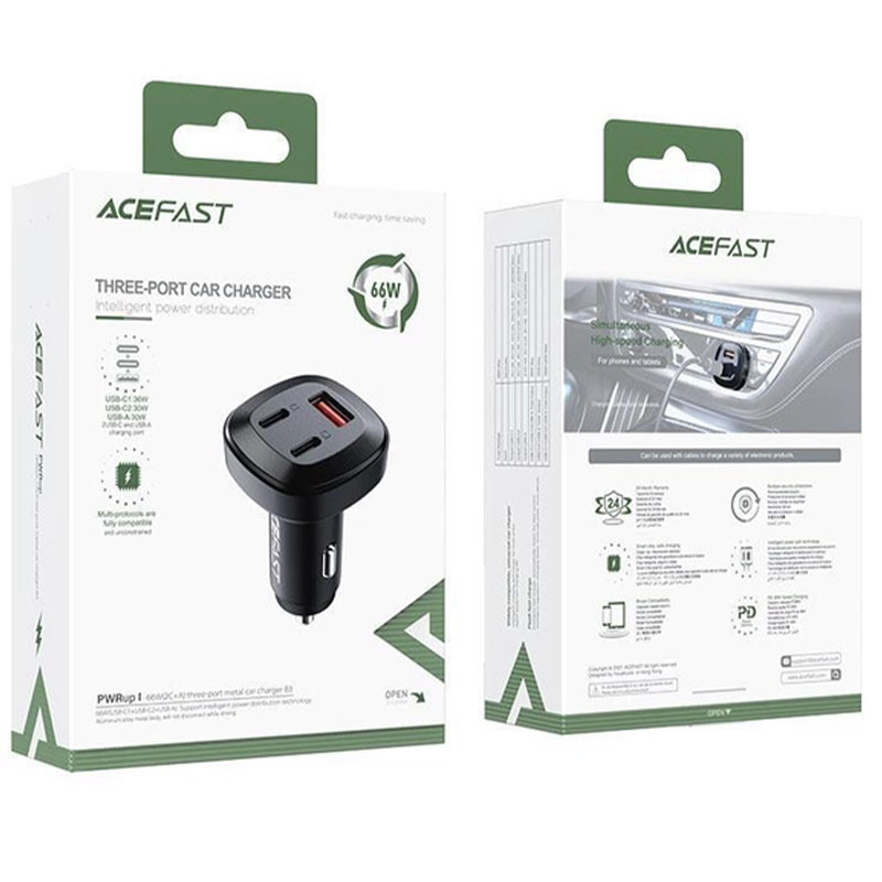 Купити АЗП Acefast B3 three-port metal car charger 66W (1USB-A/2C) (Black) на vchehle.ua