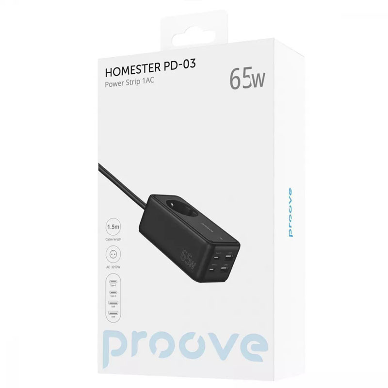 Купить Сетевой фильтр Proove Power Strip Homester PD-03 1AC 65W (2xUSB+2xType-C) (1.5m) (Black) на vchehle.ua