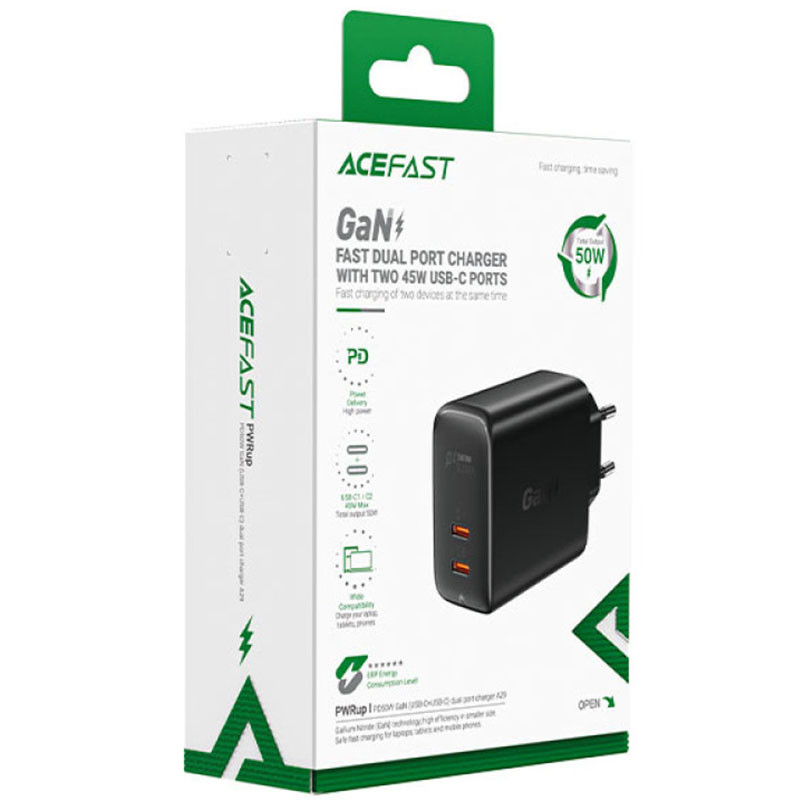 МЗП Acefast A29 PD50W GaN (USB-C+USB-C) dual port (Black) в магазині vchehle.ua