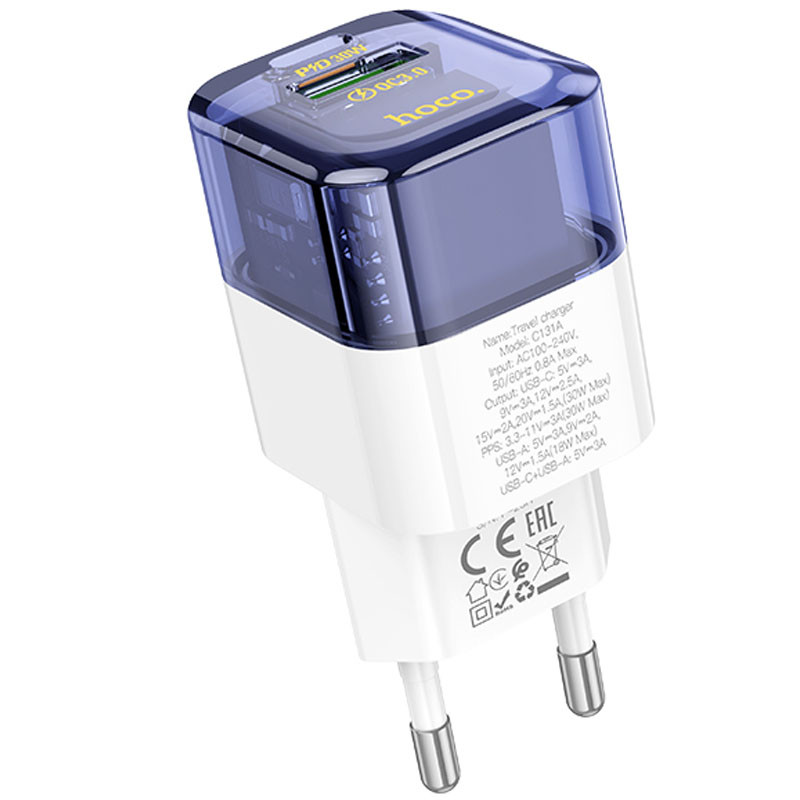 СЗУ Hoco C131A Platium PD30W+QC3.0 (1USB-A/1C) (Transparent blue)