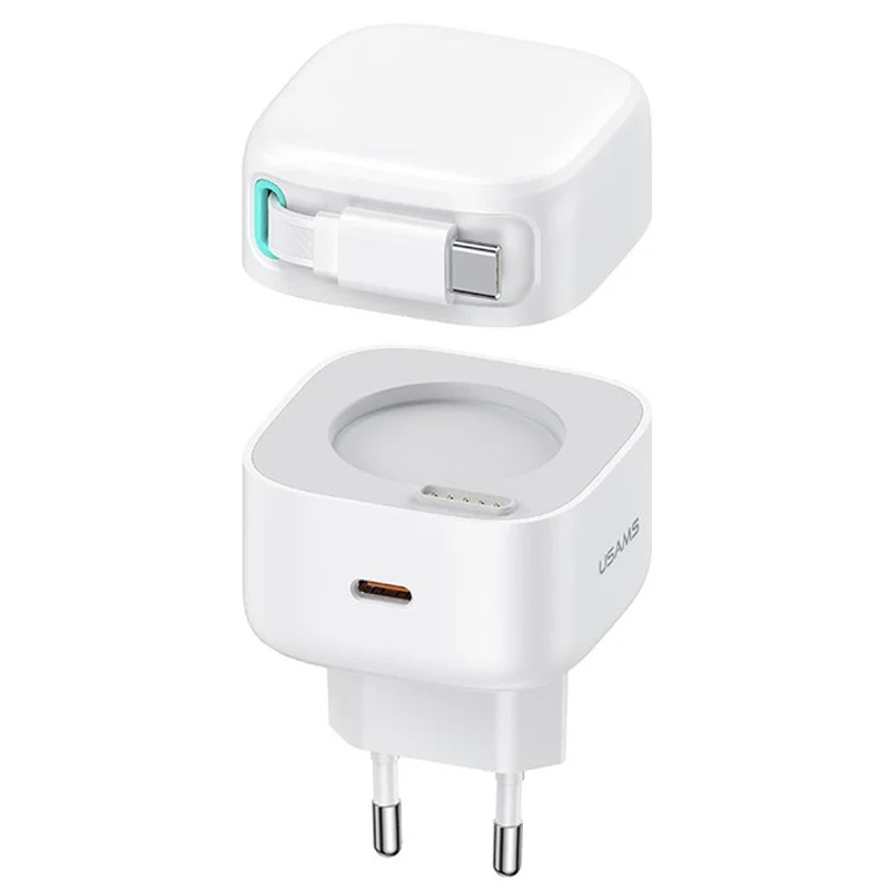 МЗП Usams US-CC202 GaN With Type-C Magnetic Retractable Cable Module XMF Ser. 35W (2USB-C) (White)