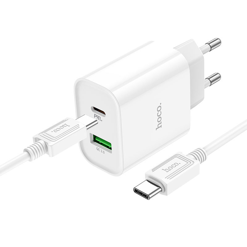 Фото МЗП Hoco C80A Plus Rapido PD20W+QC3.0 (1USB-A/1C) + кабель Type-C to Type-C (White) на vchehle.ua