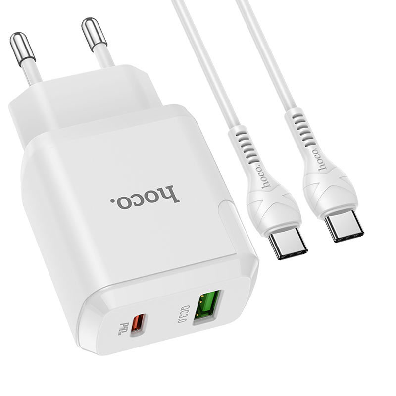 Фото СЗУ Hoco N5 Favor 20W PD+QC3.0 (1USB-A/1C) + кабель Type-C to Type-C (Белый) на vchehle.ua