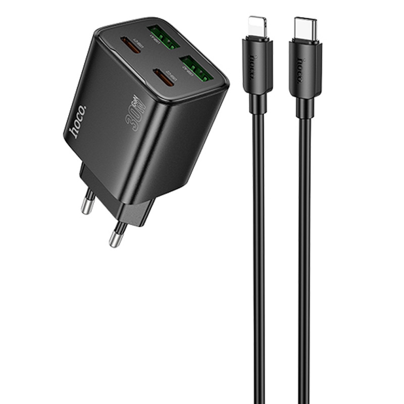 СЗУ Hoco N56 Fundador PD30W four-port (2USB-A/2C) + кабель Type-C to Lightning (Black)