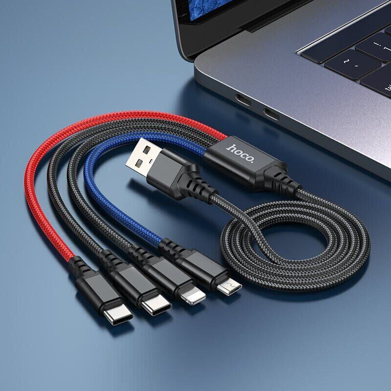 Фото Дата кабель Hoco X76 4in1 Type-C + Type-C + Lightning + MicroUSB (1m) (Black / Red / Blue) на vchehle.ua