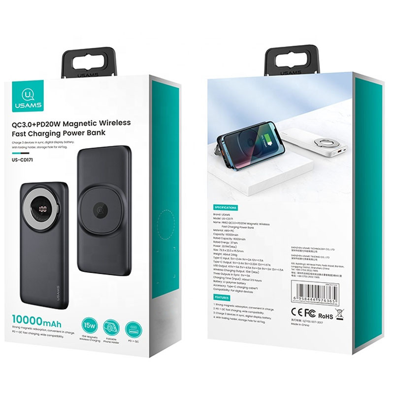 Фото Портативное ЗУ Usams US-CD171 PB62 QC3.0+PD 20W Wireless Charging 10000 mAh (Сиреневый) на vchehle.ua