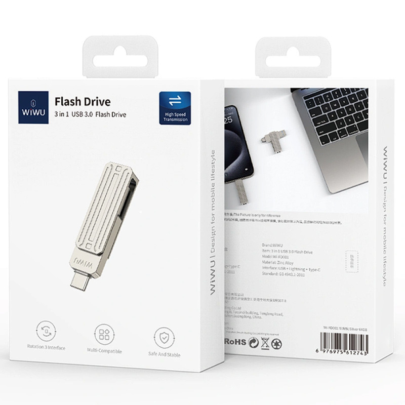 Фото Флеш-драйв USB 3.0 Flash Drive WIWU Wi-FD001 3 in 1 128GB (Silver) на vchehle.ua