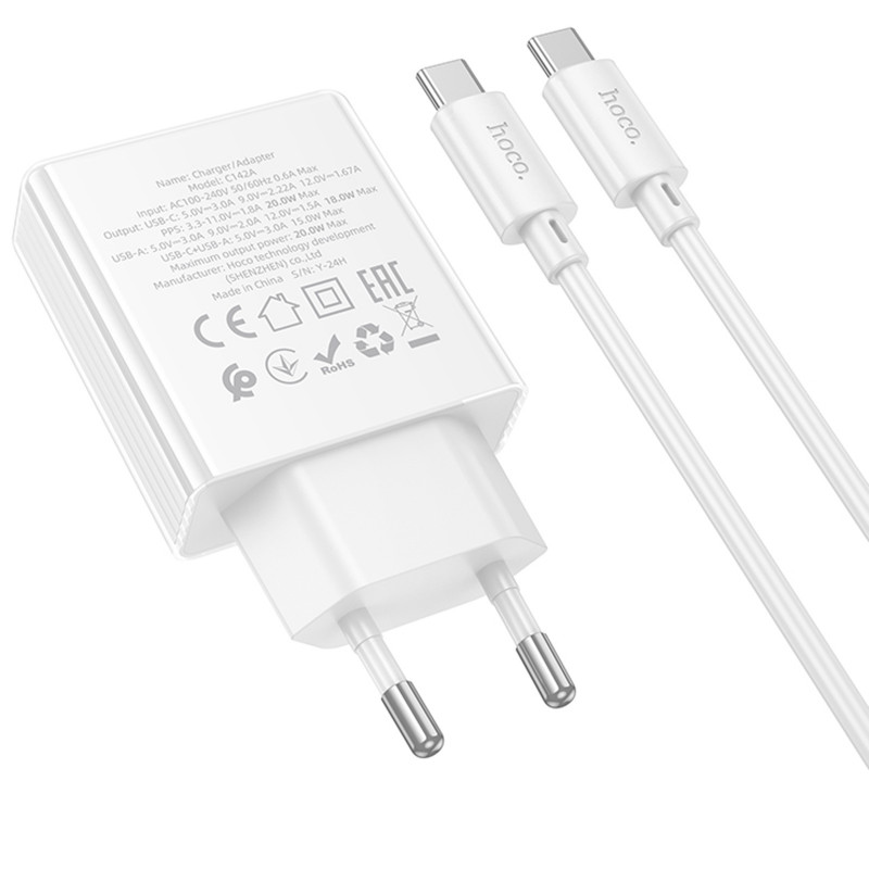 СЗУ Hoco C142A Direct PD20W+QC3.0 (1USB-A/1C) + кабель Type-C to Type-C (White) в магазине vchehle.ua