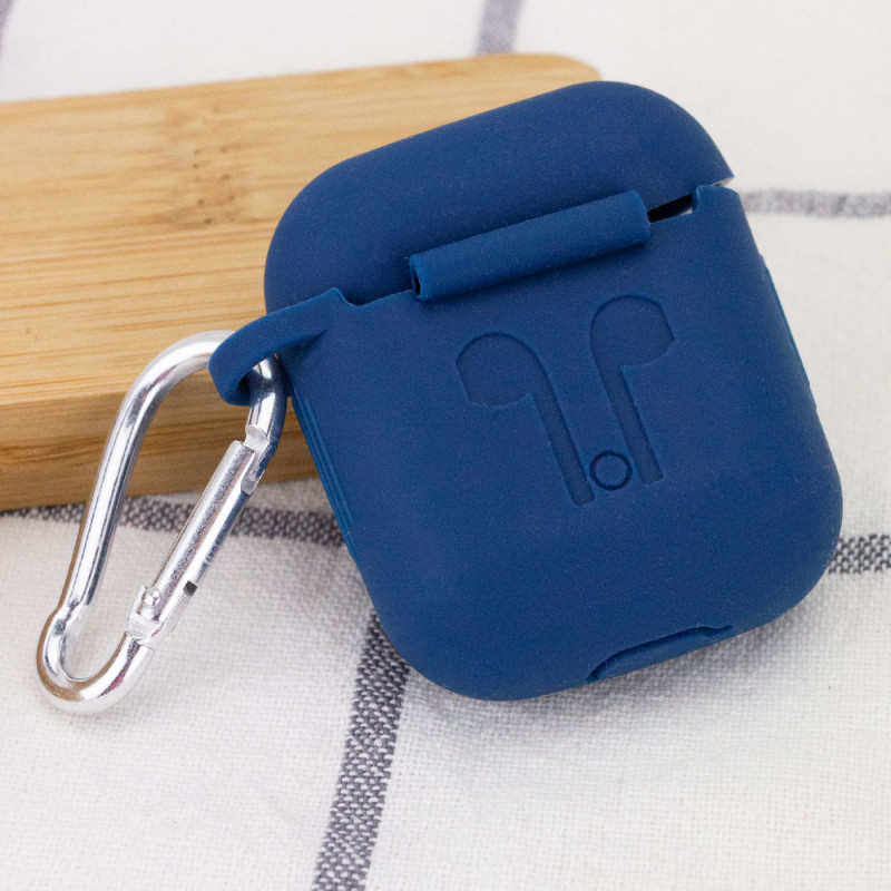 Фото Силиконовый футляр для наушников Airpods 1/2 Slim Logo + карабин (Синий / Navy blue) в магазине vchehle.ua