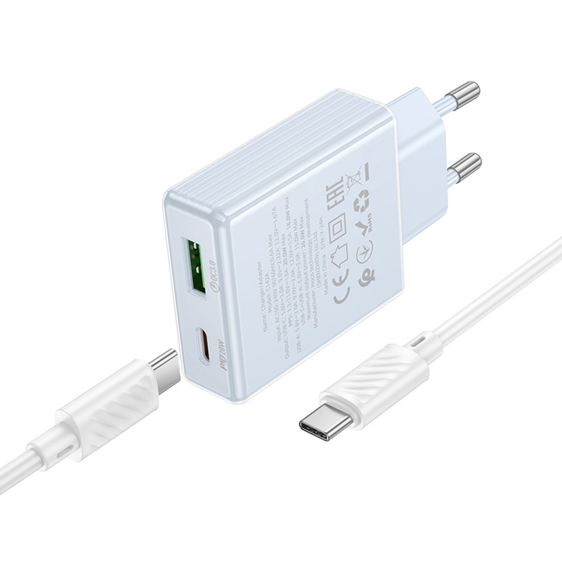 Фото СЗУ Hoco C142A Direct PD20W+QC3.0 (1USB-A/1C) + кабель Type-C to Type-C (Blue) в магазине vchehle.ua