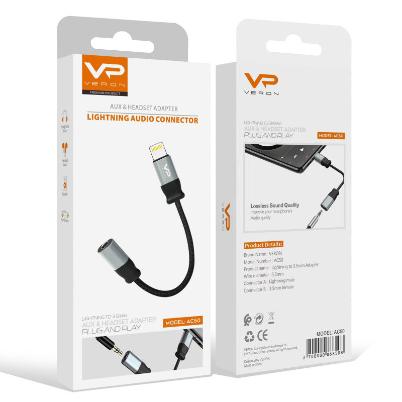Купить Переходник Veron VR-AC50 Lightning to 3.5 mm (Black / Gray) на vchehle.ua
