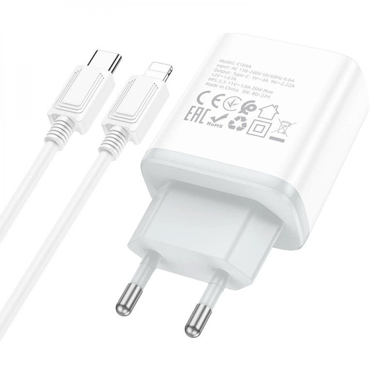 Фото СЗУ Hoco C104A PD20W (1USB-C) + кабель Type-C to Lightning (White) на vchehle.ua