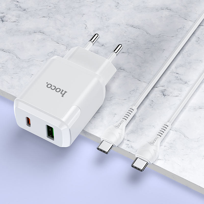 СЗУ Hoco N5 Favor 20W PD+QC3.0 (1USB-A/1C) + кабель Type-C to Type-C (Белый) в магазине vchehle.ua