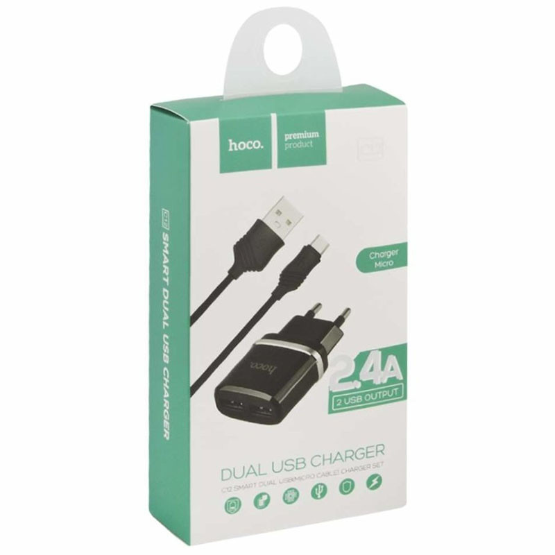 Фото СЗУ Hoco C12 Charger + Cable (Micro) 2.4A 2USB (Черный) на vchehle.ua