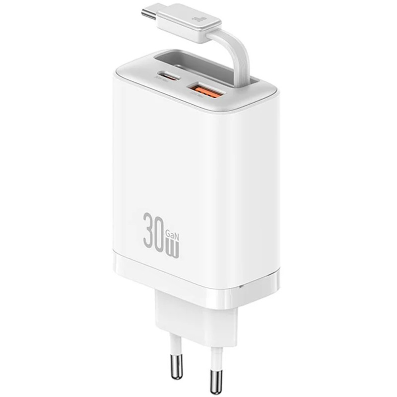 СЗУ Usams US-CC296 GaN With Retractable Type-C Cable Xiang Ser. 30W (1USB-A/1C) (White)