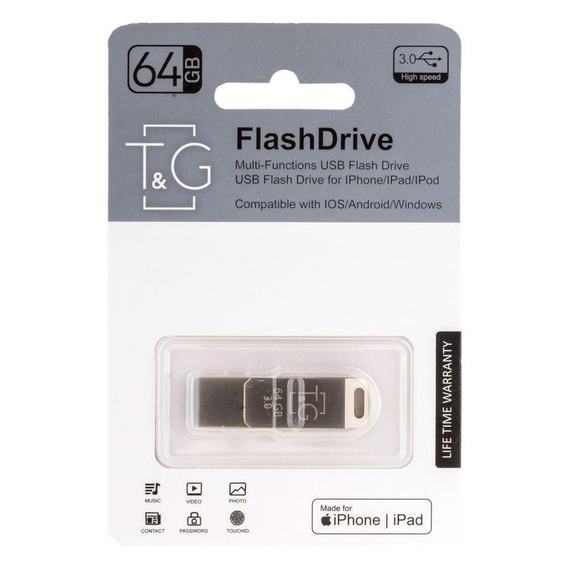 Флеш-драйв T&G 008 Metal series USB 3.0 - Lightning 64GB (Серебряный)