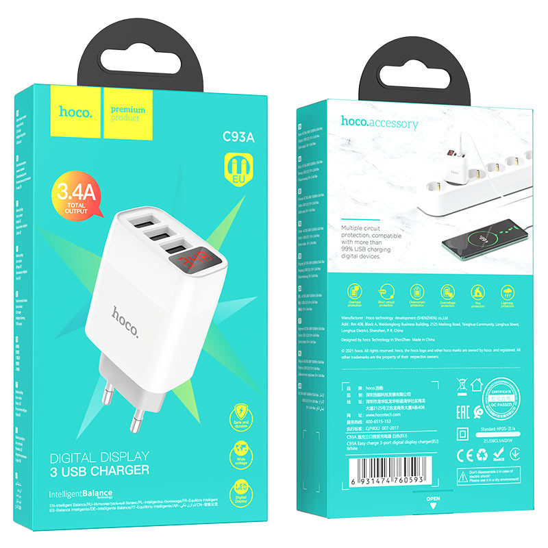 Купити МЗП Hoco C93A Easy charge 3-port digital display charger (Білий) на vchehle.ua