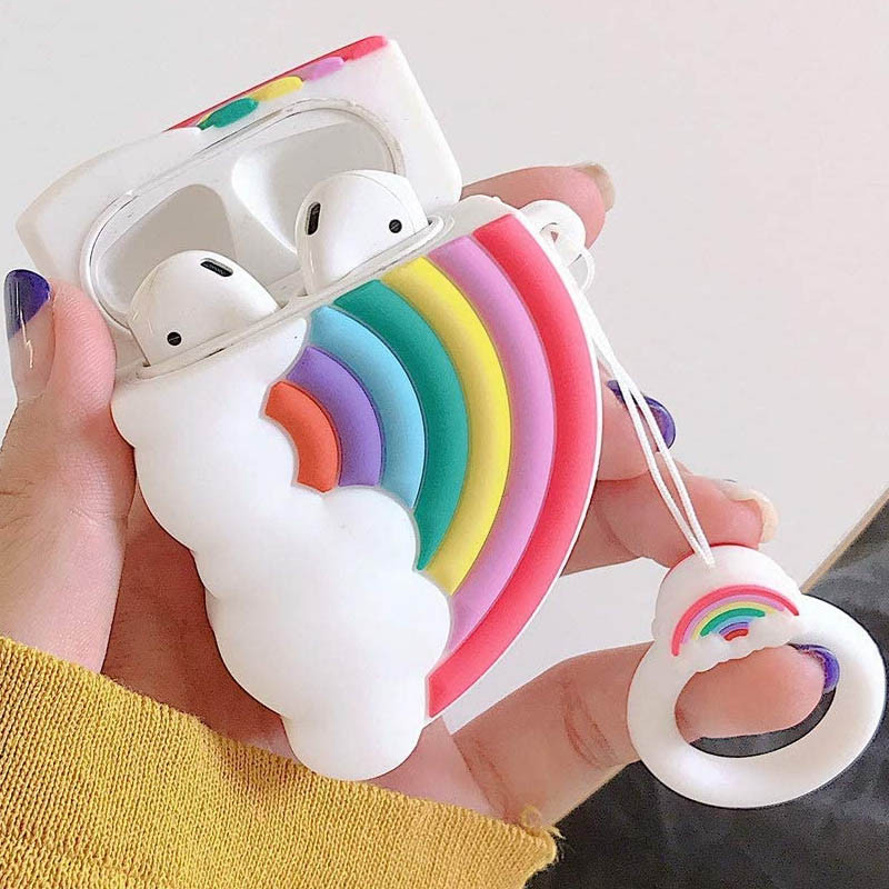 Фото Силиконовый футляр Rainbow для наушников AirPods 1/2 + кольцо (Радуга / Белый) в магазине vchehle.ua