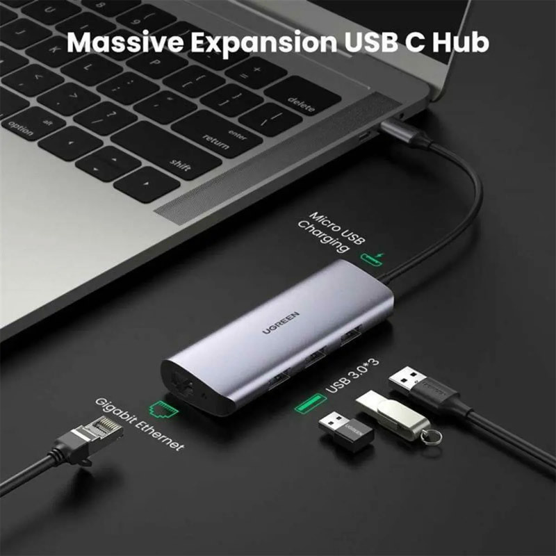Заказать Переходник HUB UGREEN CM252 USB-C to 3xUSB 3.0+RJ45+USB-C (Gray) на vchehle.ua
