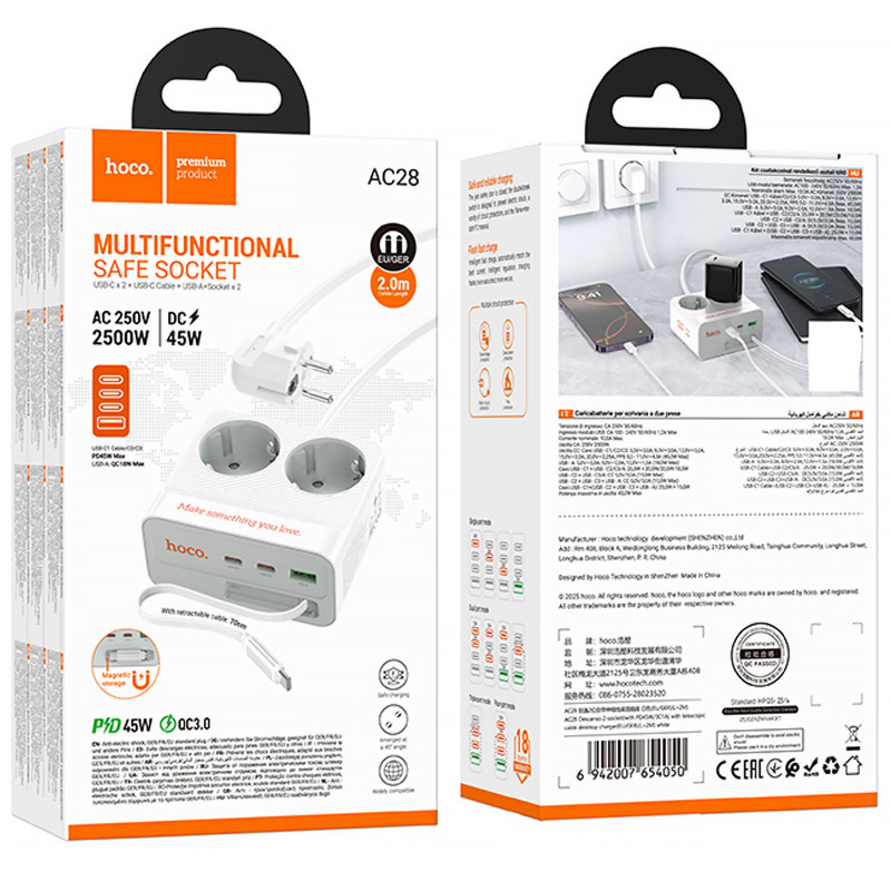 Заказать Удлинитель Hoco AC28 Descanso (PD45W/1C/3A/2xSocket) (2m) (White) на vchehle.ua