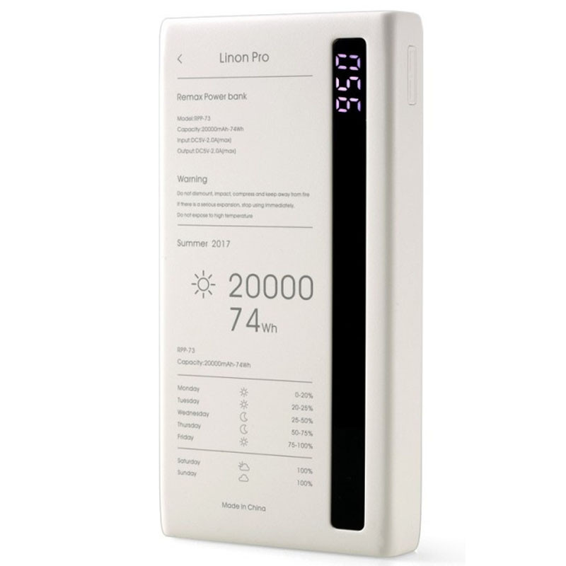Портативное ЗУ Power Bank Remax RPP-73 Linon Pro 20000 mAh (Белый)