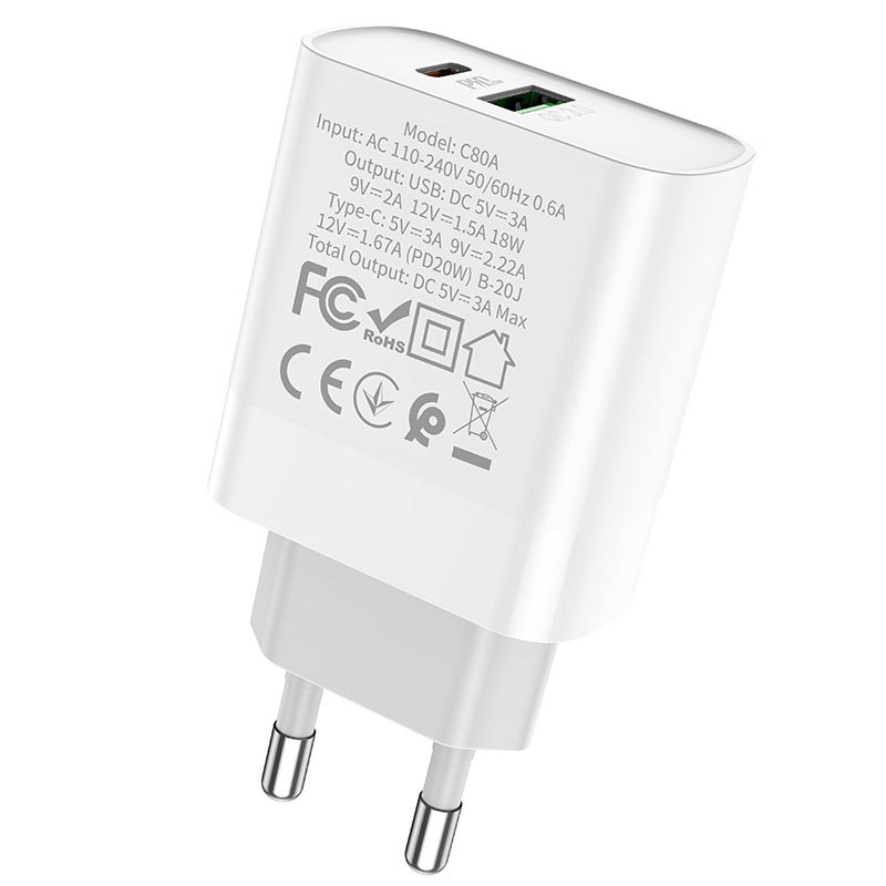 СЗУ Hoco C80A Plus Rapido PD20W+QC3.0 (1USB-A/1C) (White) в магазине vchehle.ua