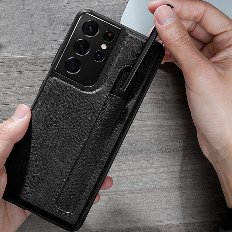 Фото Кожаная накладка Nillkin Aoge (с держателем ручки) для Samsung Galaxy S21 Ultra (Черный) в магазине vchehle.ua