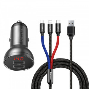 АЗП Baseus Digital Display Dual USB 4.8A Car Charger 24W with Three Primary Colors 3-in-1 Cable USB