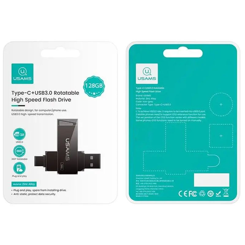 Флеш накопитель USAMS US-ZB201 Type-C+ USB3.0 Rotatable High Speed Flash Drive 128 Gb (Iron-grey) в магазине vchehle.ua
