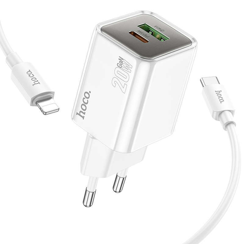 Фото СЗУ Hoco N46 Glorious PD20W+QC3.0 (1USB-A/1C) + Type-C to Lightning (White) в магазине vchehle.ua