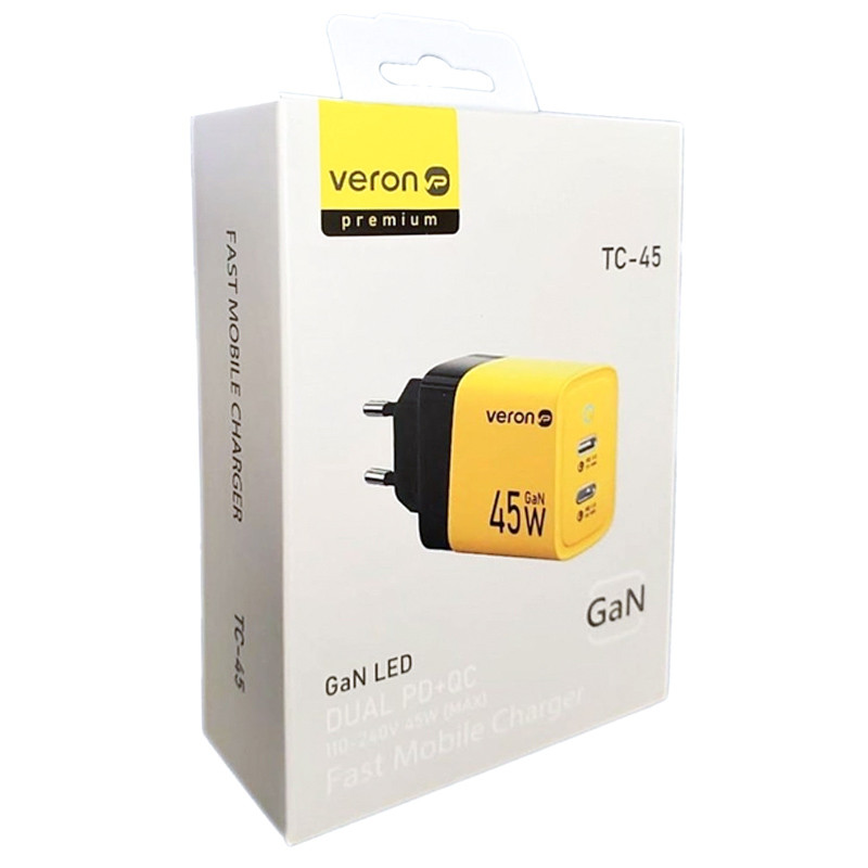 Фото МЗП Veron TC-45 Home Charger 45W GaN (2Type-C) (Black / Yellow) в маназині vchehle.ua